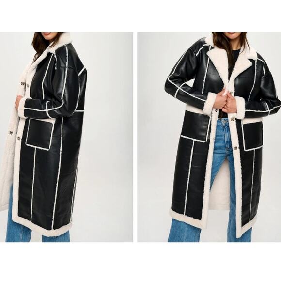 B Coature Faux Leather Faux Fur Sherpa Longline Jacket Coat Black Cream Size XL - Picture 5 of 9